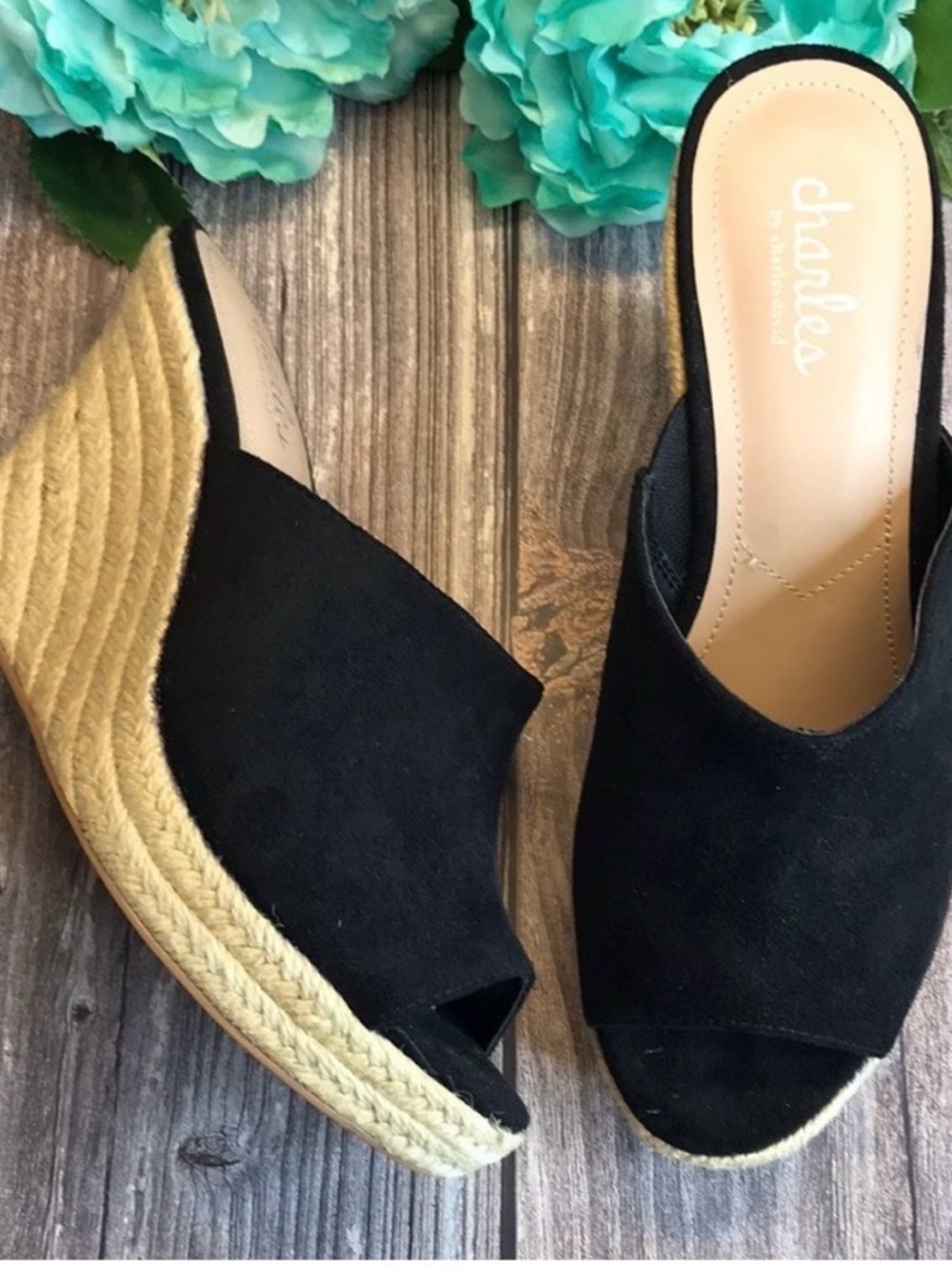 CHARLES Lawrence Black Micro-Suede Platform Wedge Espadrilles 7M